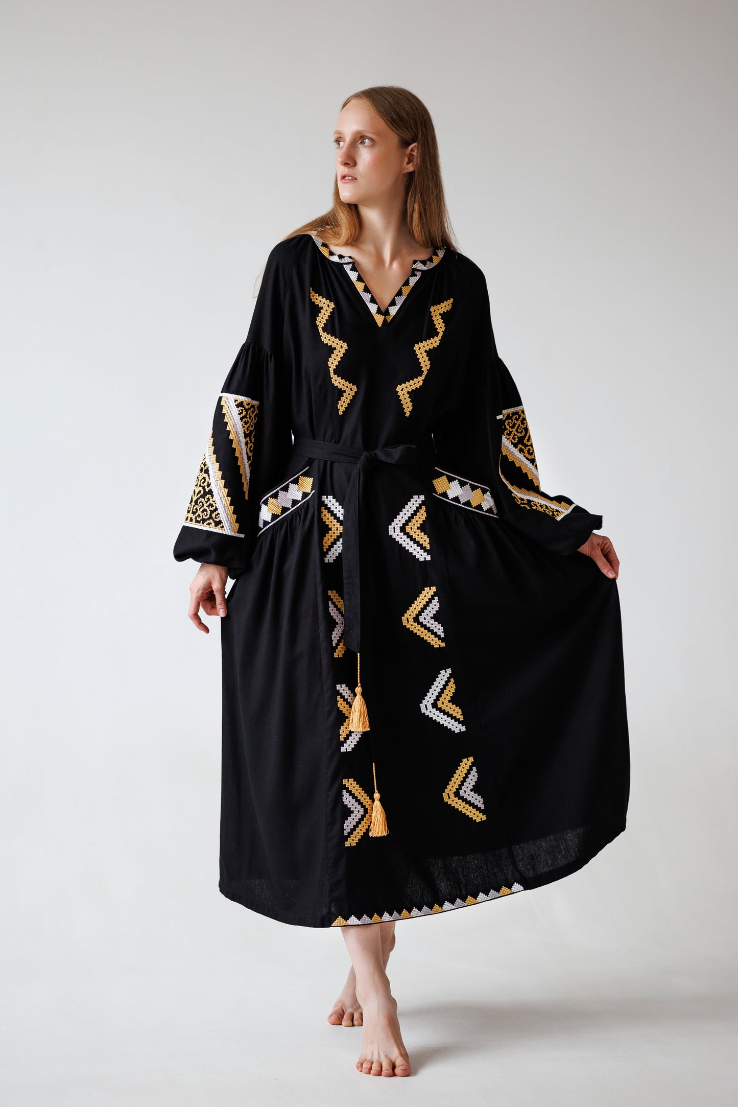 Long Embroidered Puff-Sleeve Dress