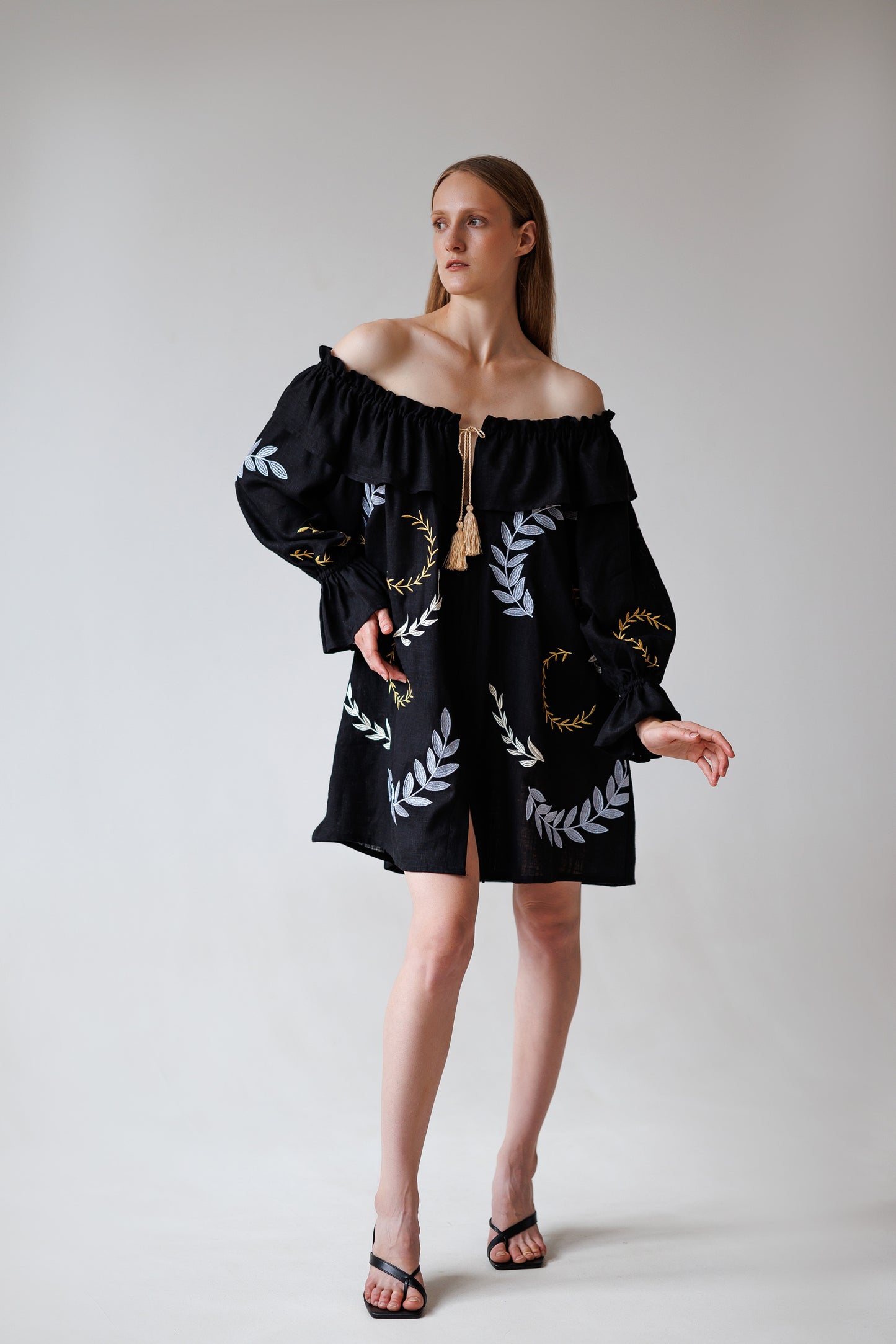 Black Bardot Embroidered  Mini Dress