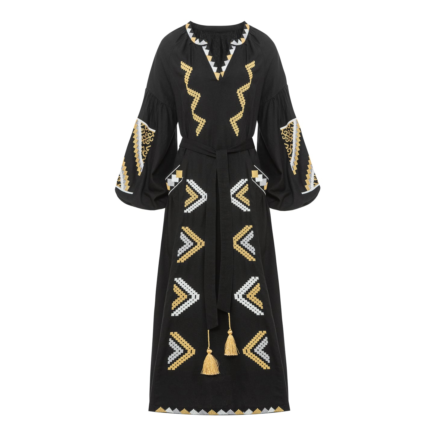 Long Embroidered Puff-Sleeve Dress