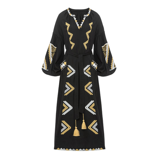 Amulet Embroidered Black Linen Dress
