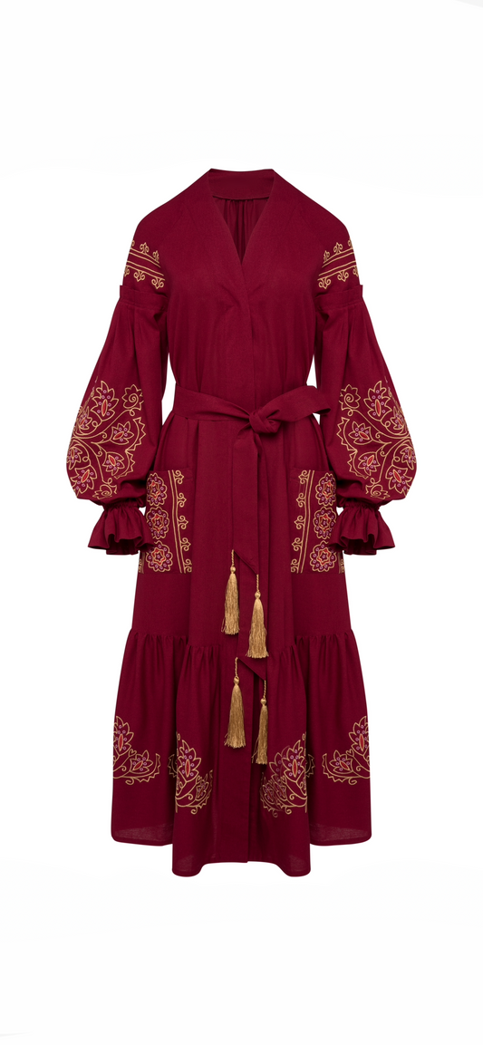 Burgundy Long Embroidered Robe Dress