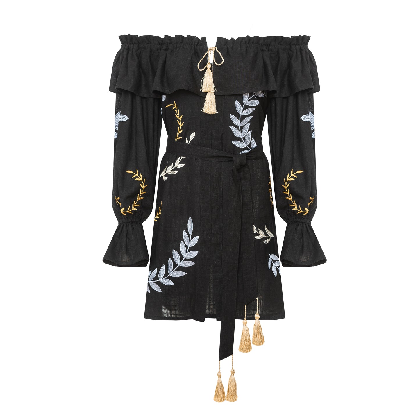 Black Bardot Embroidered  Mini Dress