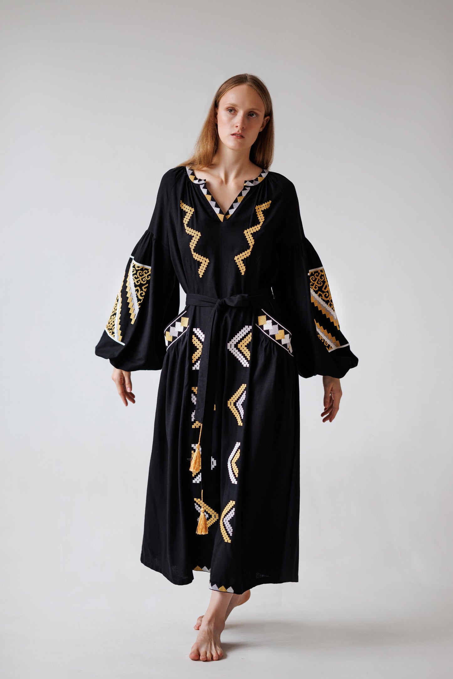 Long Embroidered Puff-Sleeve Dress