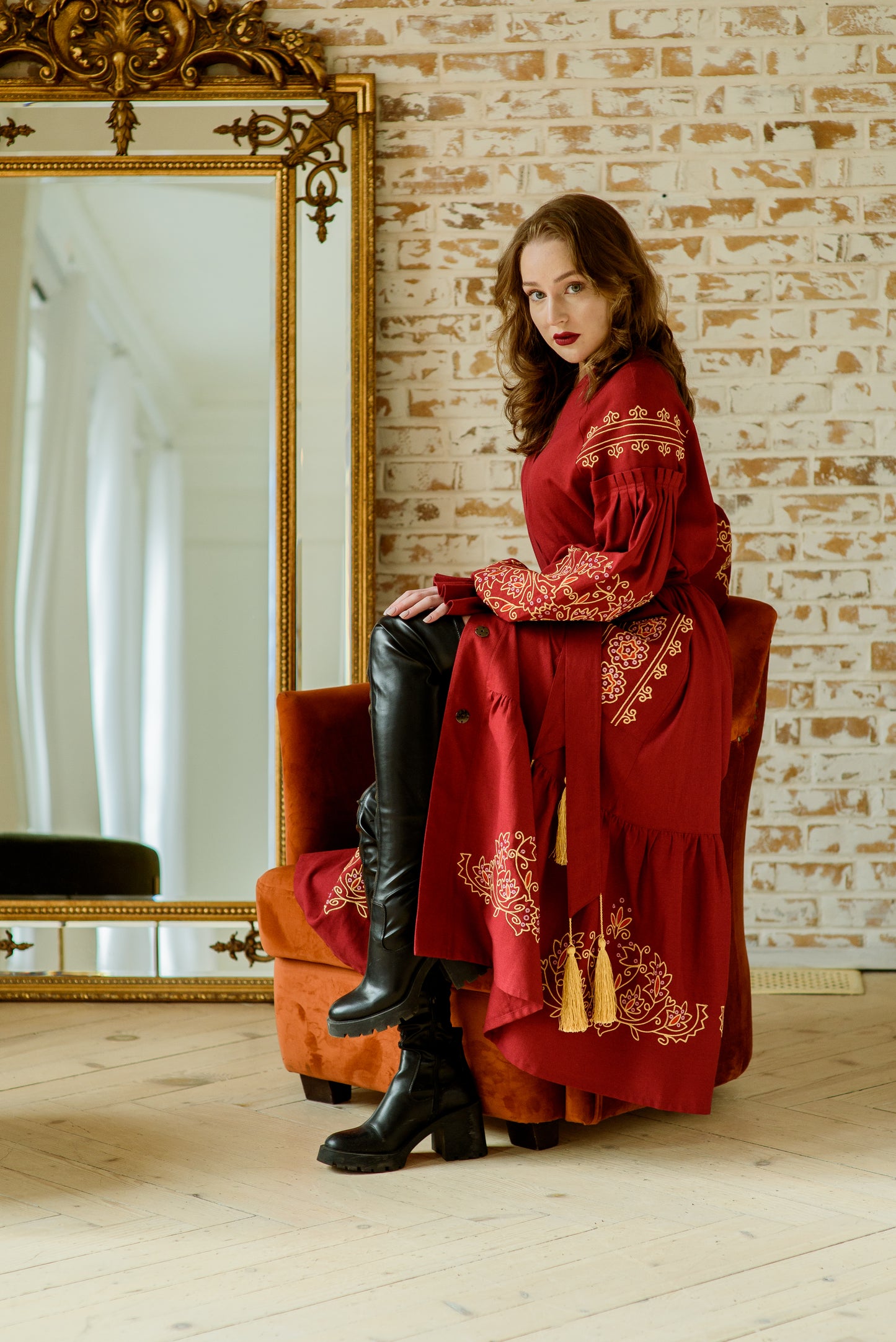 Burgundy Long Embroidered Robe Dress