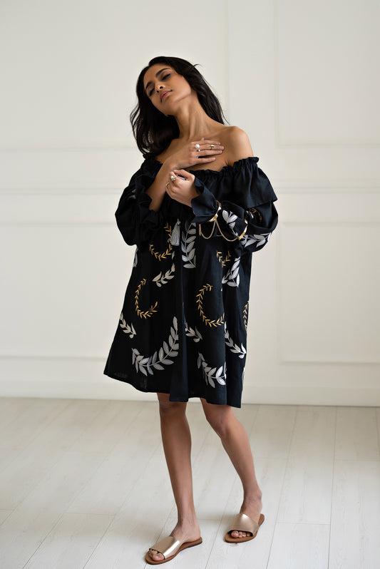 Breeze Embroidered Black Linen Resort Dress
