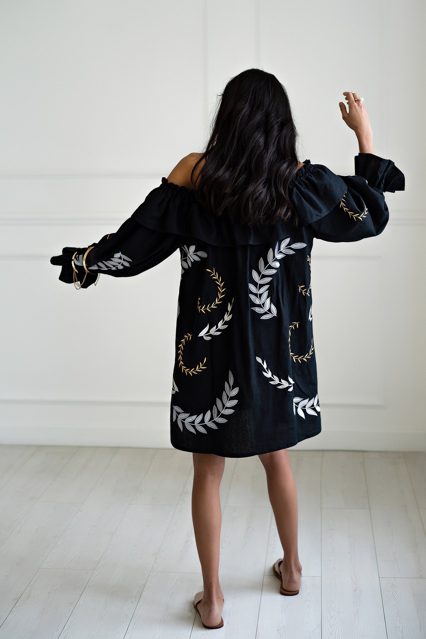 Black Bardot Embroidered  Mini Dress