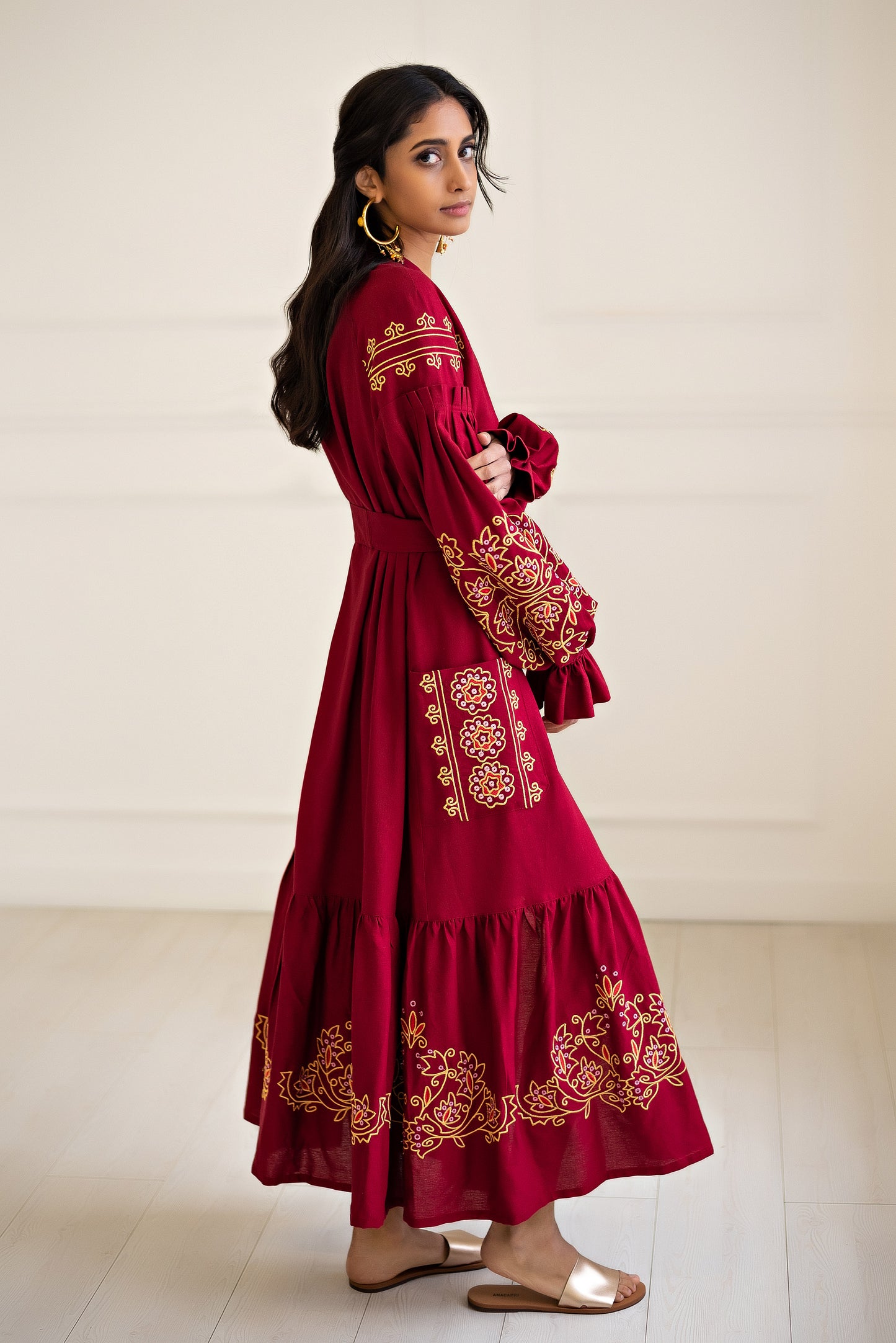 Burgundy Long Embroidered Robe Dress