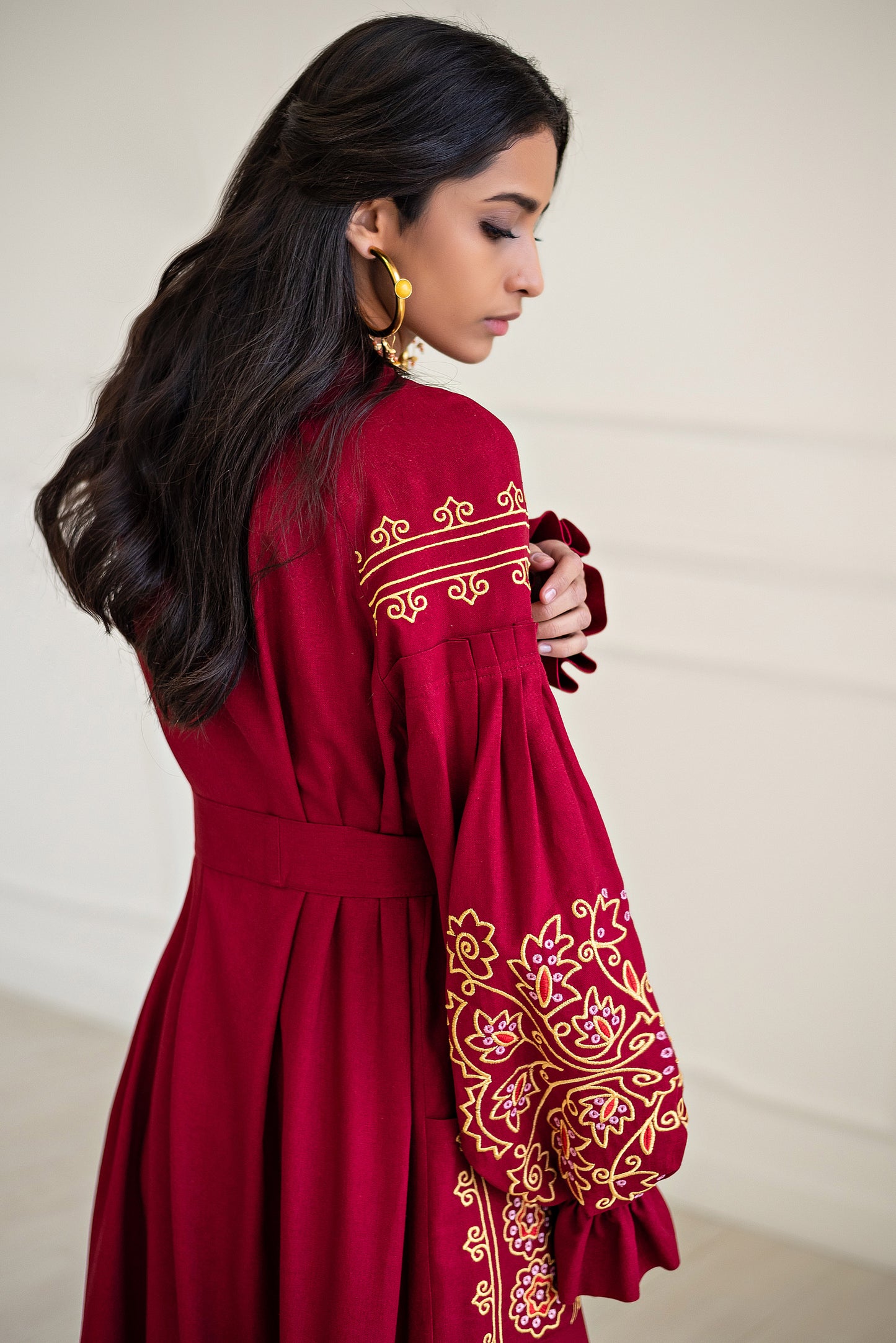 Burgundy Long Embroidered Robe Dress