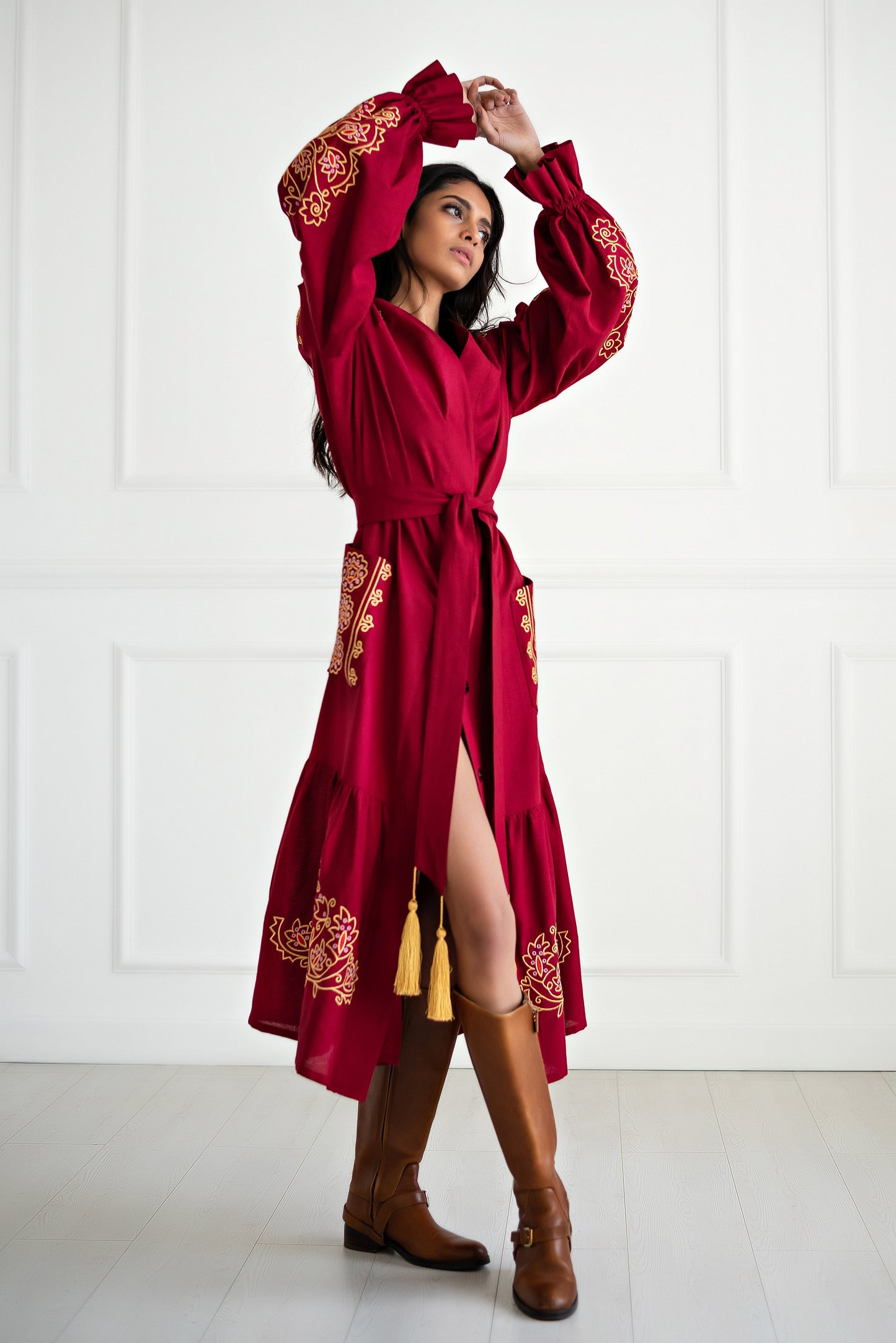 Burgundy Long Embroidered Robe Dress