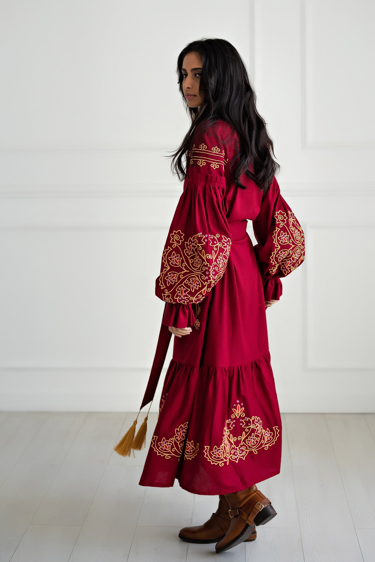 Burgundy Long Embroidered Robe Dress