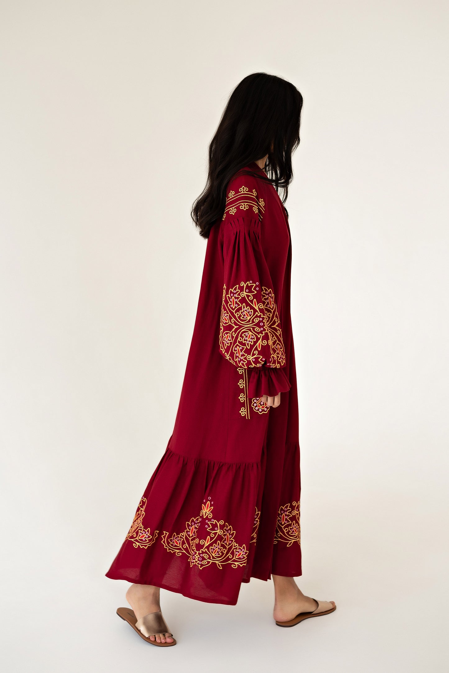 Burgundy Long Embroidered Robe Dress