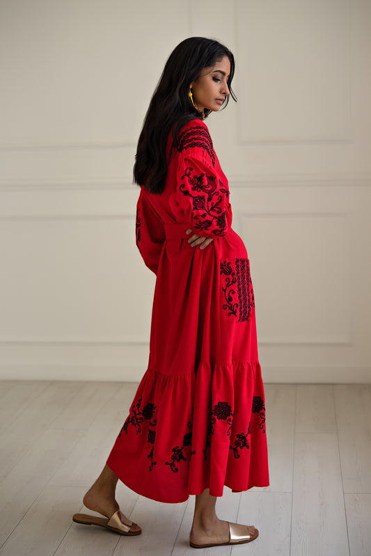 Oriental Garden Red Maxi Dress